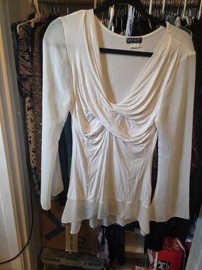 VENUS Cream Scoop Neck Top with Black Trim